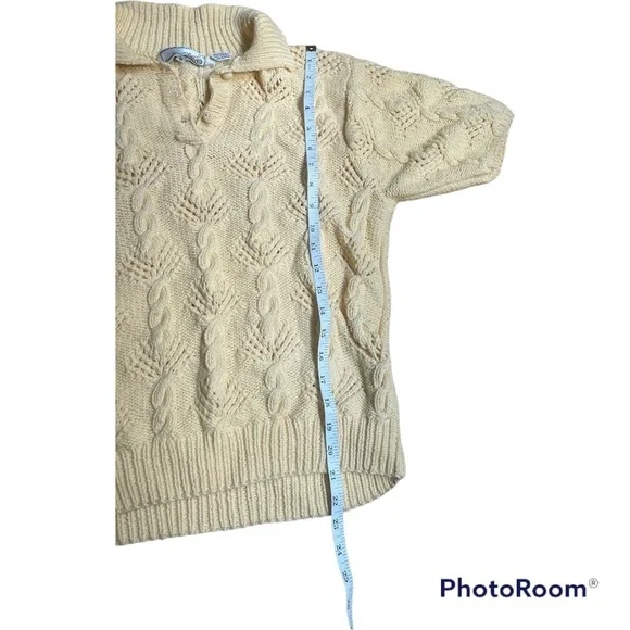 NEEDLEWORKS vintage yellow cable knit short sleeve polo sweater size medium - Picture 3 of 6
